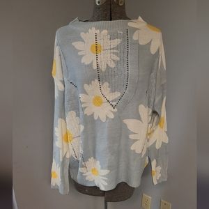 SZ XL POWDER BLUE DAISY PRINT PULLOVER SWEATER